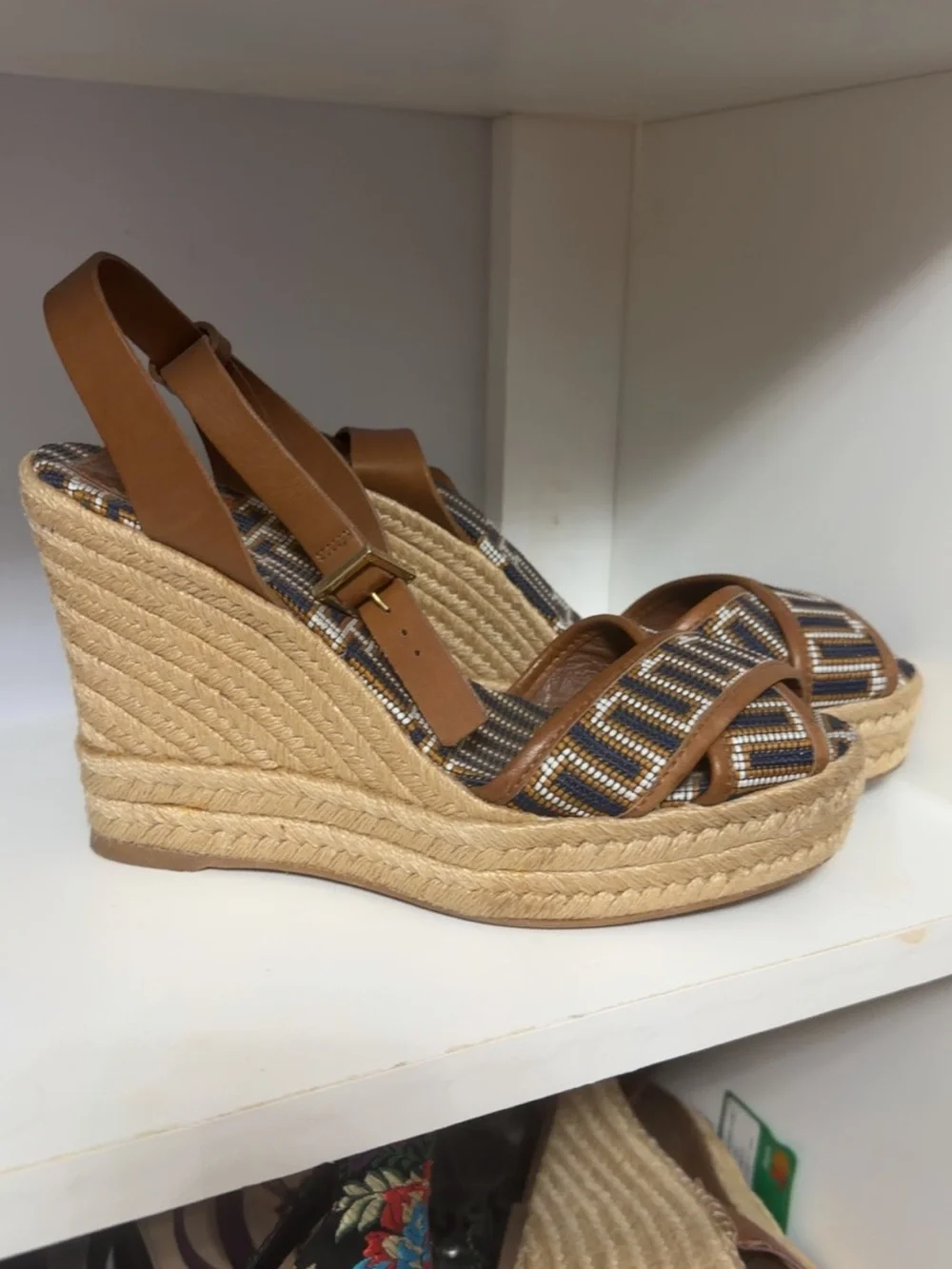 Tory Burch Tan and Navy Beaded Espadrille Wedge Sandals
